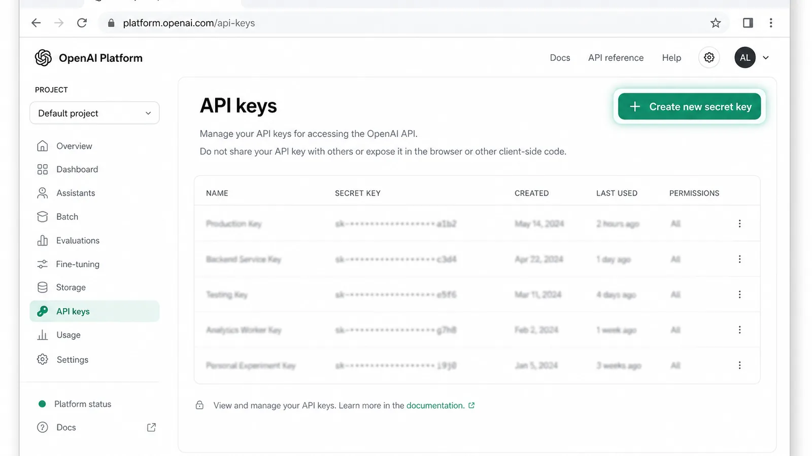 OpenAI Platform에서 새 API 키를 발급하는 화면 캡처