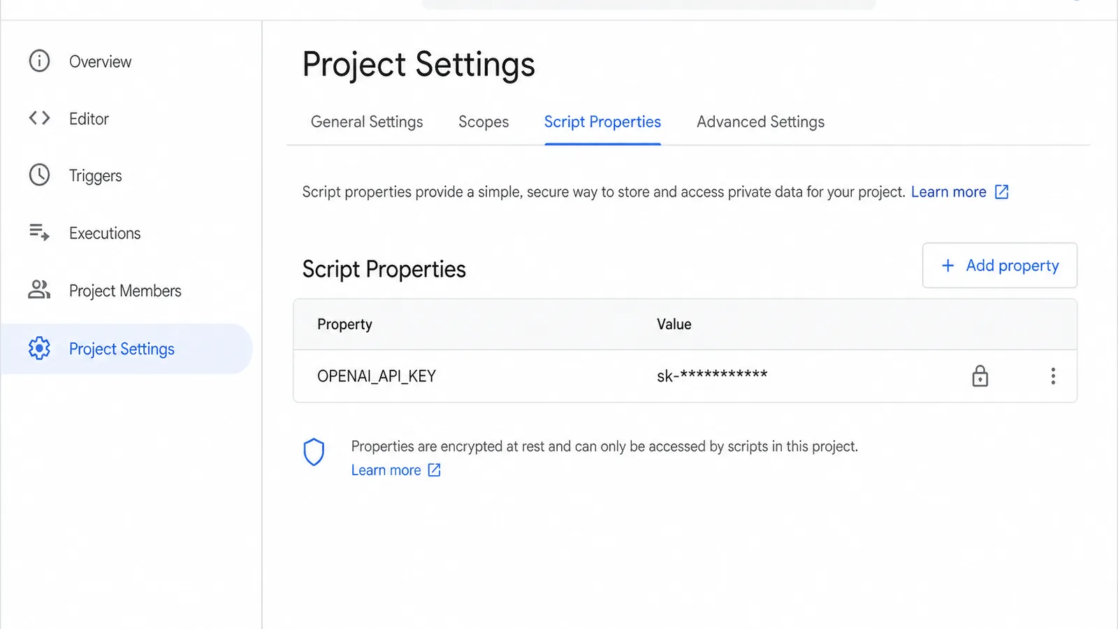 Apps Script 스크립트 속성에 OPENAI_API_KEY가 안전하게 저장된 화면 캡처