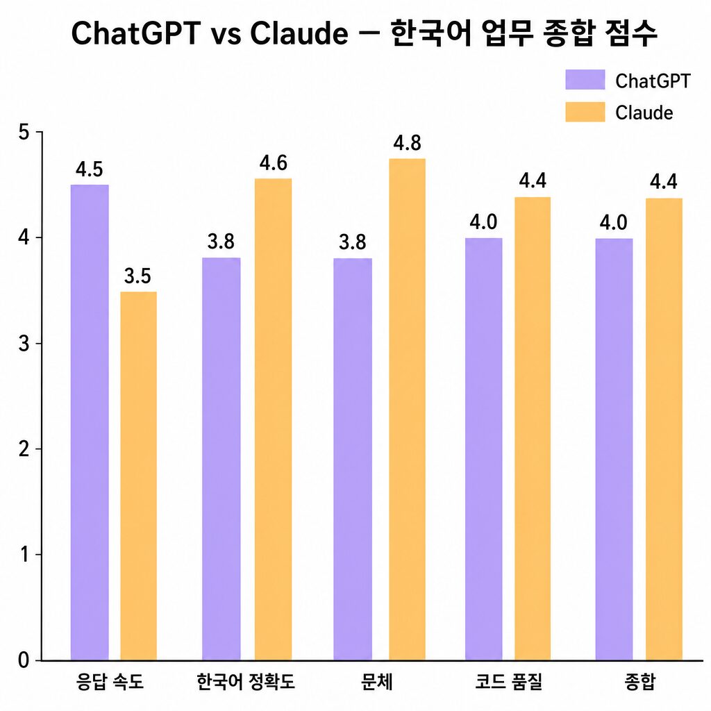 ChatGPT vs 클로드 한국어 업무 종합 점수표 막대 그래프 — 응답 속도·정확도·문체·코드 영역 비교 (AI 생성 이미지)