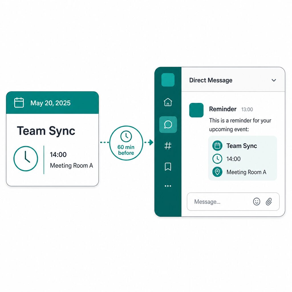 Google Calendar 일정 시작 60분 전 Slack DM으로 받은 자동 알림 화면 캡처 (AI 생성 이미지)