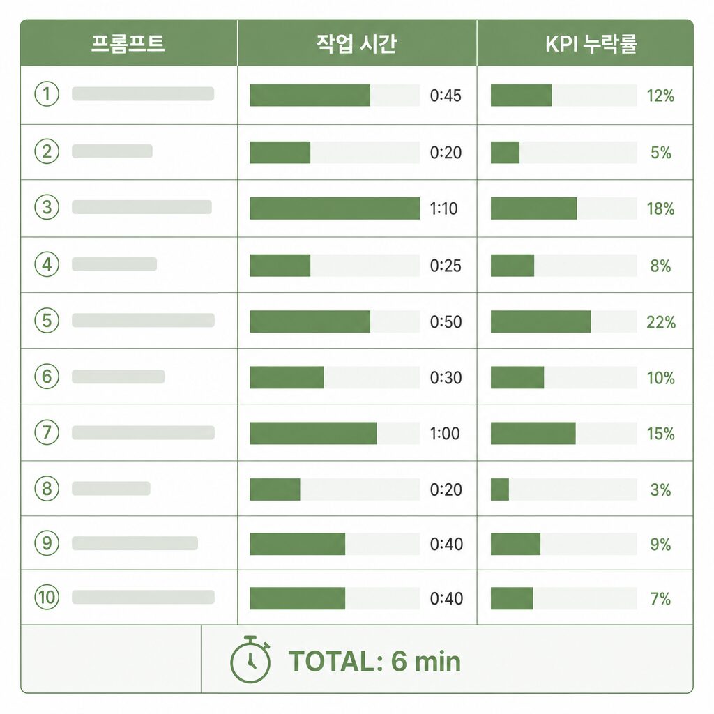 보고서 요약 ChatGPT 프롬프트 10선 적용 결과 비교 표 (시간·길이·누락률, AI 생성 이미지)