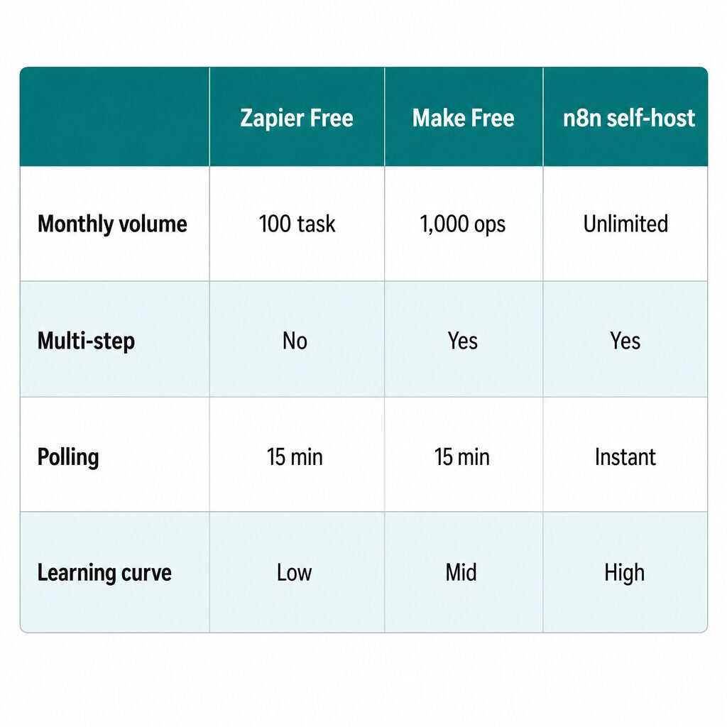 Zapier · Make · n8n 무료 한도와 폴링 주기를 비교한 표 시각화 (AI 생성 이미지)