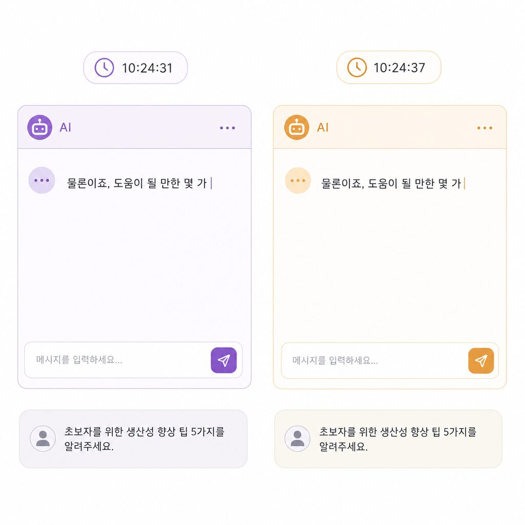 ChatGPT vs 클로드 비교 — 동일 한국어 프롬프트 입력 직후 첫 토큰 등장 스크린샷 (AI 생성 이미지)