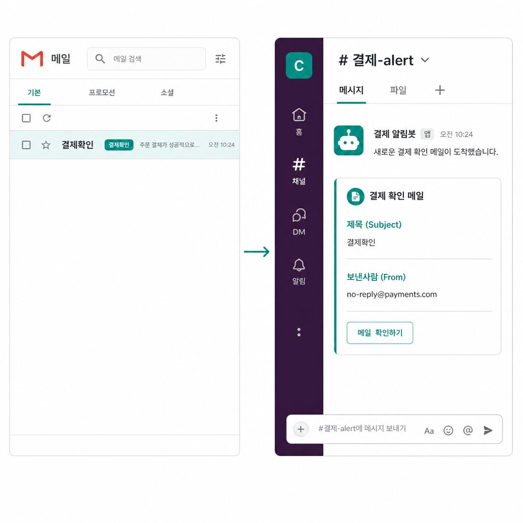 Gmail 결제확인 라벨이 새로 붙은 메일이 Slack 채널에 자동 알림으로 도착한 화면 (AI 생성 이미지)