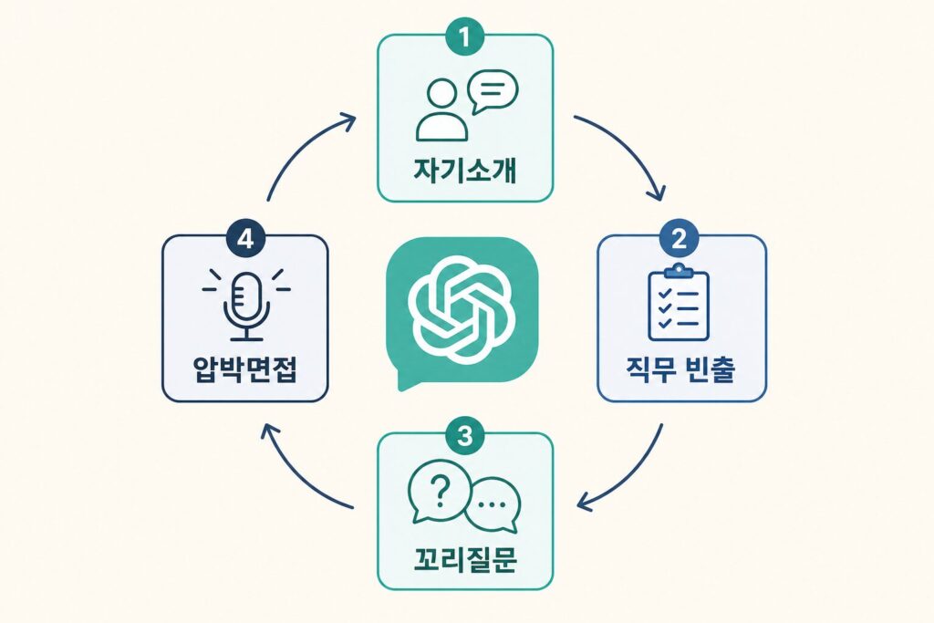 면접 질문 ChatGPT 활용 4단계 사이클 — 자기소개부터 압박면접까지 시계 방향 워크플로우 (AI 생성 이미지)