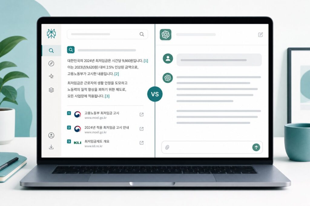 Perplexity 한국어 검색 결과에 출처 인용이 붙은 화면과 ChatGPT 비교 스크린샷 (AI 생성 이미지)