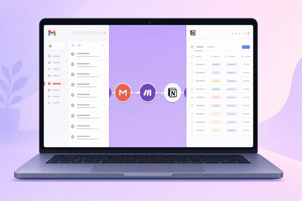 Make 사용법 한국어 가이드 — Gmail에서 Notion 데이터베이스로 자동 기록되는 시나리오 흐름 일러스트 (AI 생성 이미지)