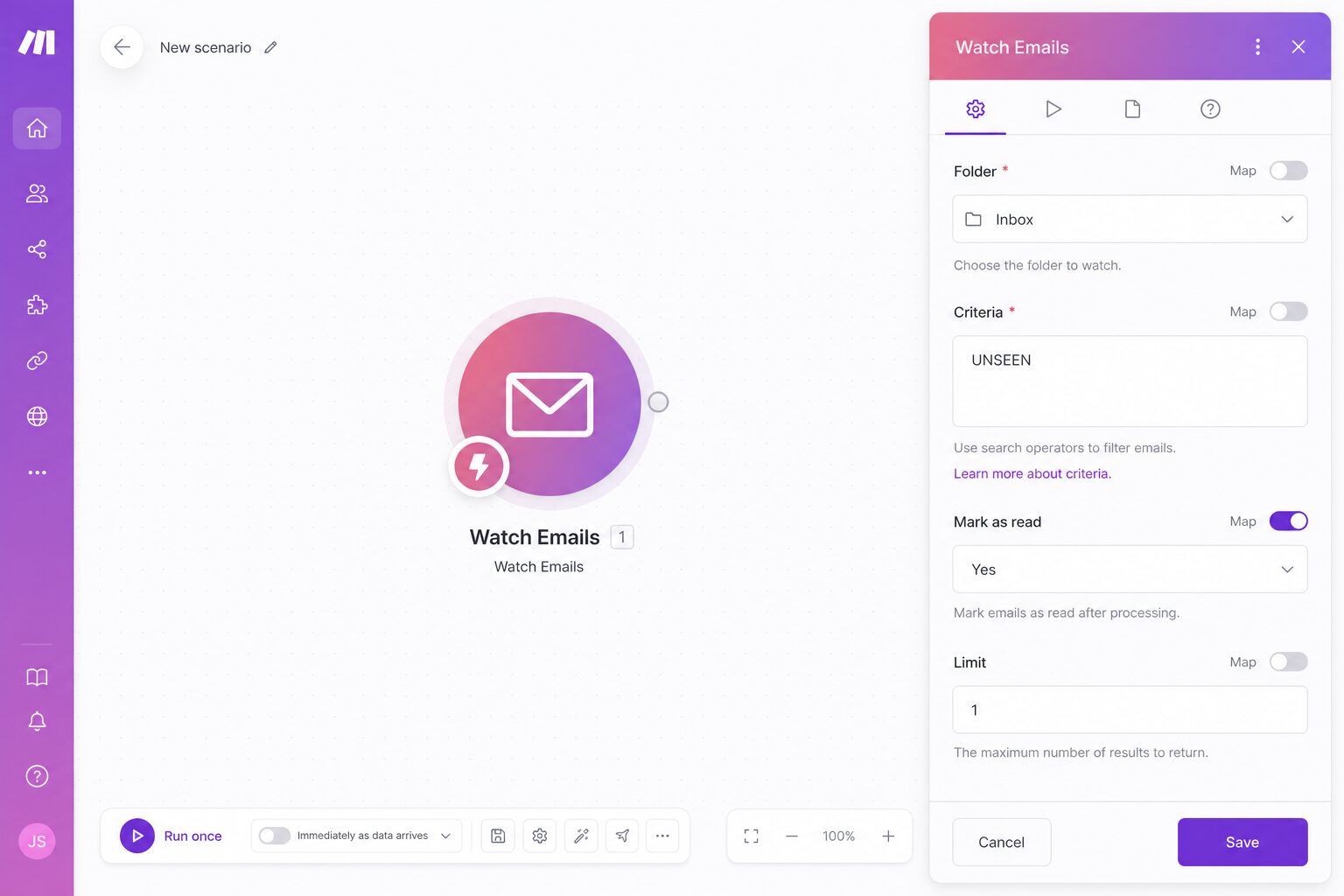 Make 사용법 한국어 — Gmail Watch Emails 트리거 모듈 추가 화면 (폴더 INBOX, 라벨 청구서, AI 생성 이미지)