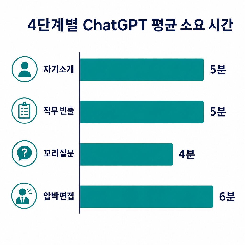 면접 질문 ChatGPT 활용 4단계별 평균 소요 시간 막대 그래프 — 자기소개 5분·빈출 5분·꼬리질문 4분·압박면접 6분 (AI 생성 이미지)