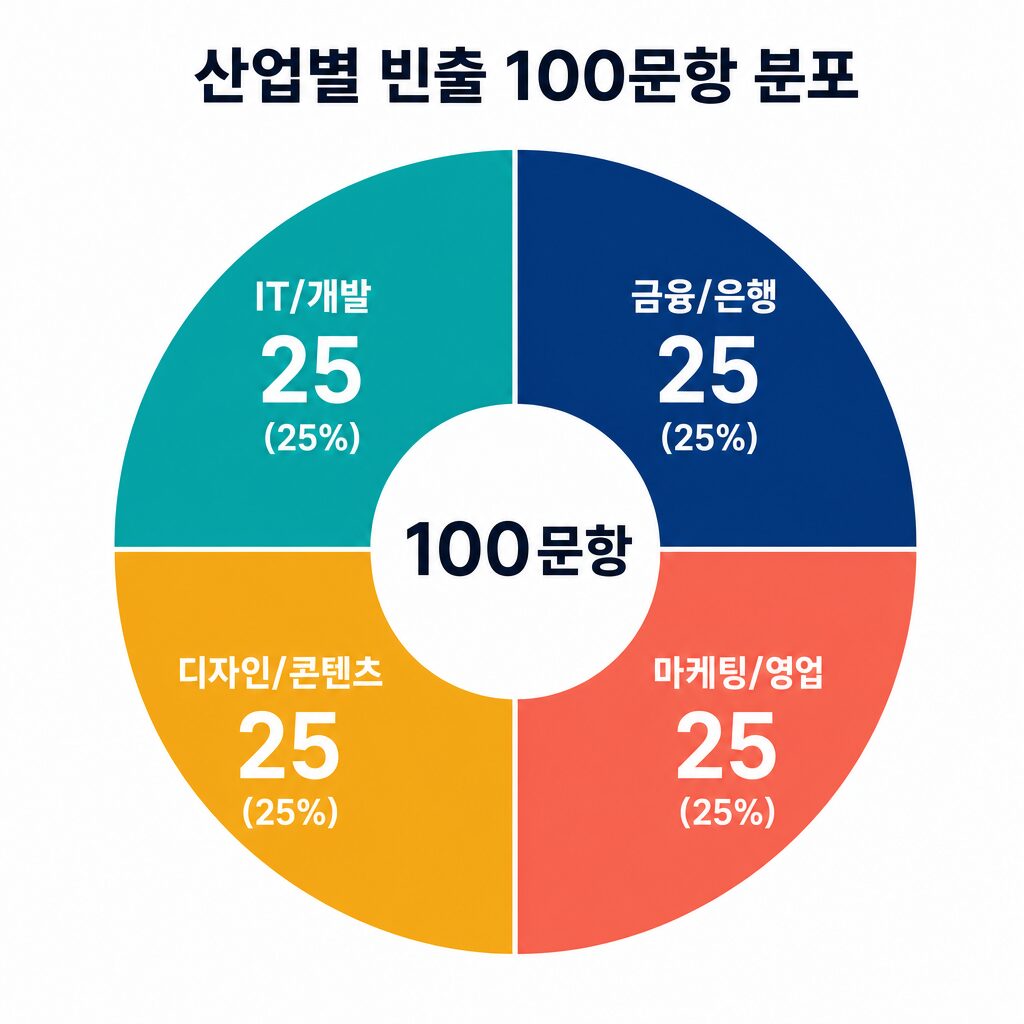 면접 질문 ChatGPT 활용 산업별 100문항 분포 도넛 차트 — IT 25·금융 25·마케팅 25·디자인 25 (AI 생성 이미지)
