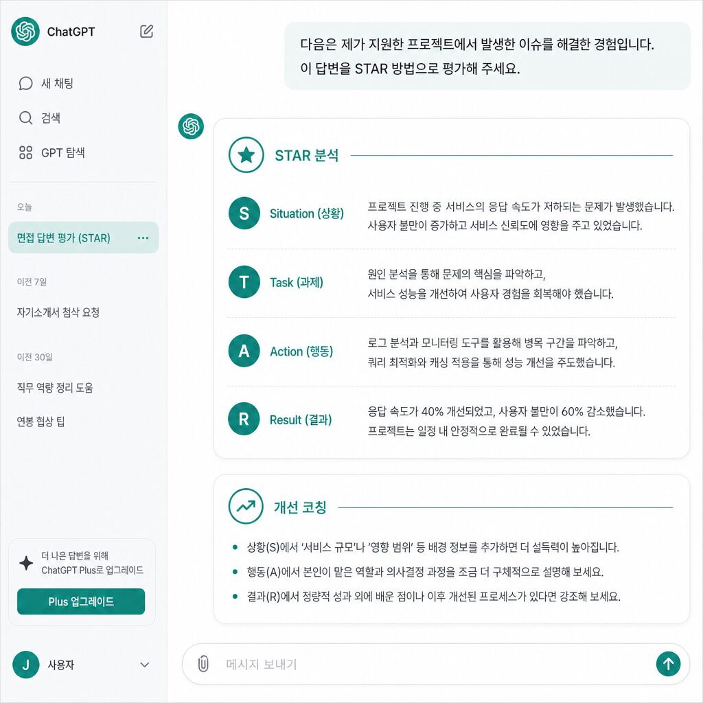 면접 질문 ChatGPT 활용 평가 응답 mock UI — STAR 분석과 개선 코칭 두 단락 한국어 출력 (AI 생성 이미지)