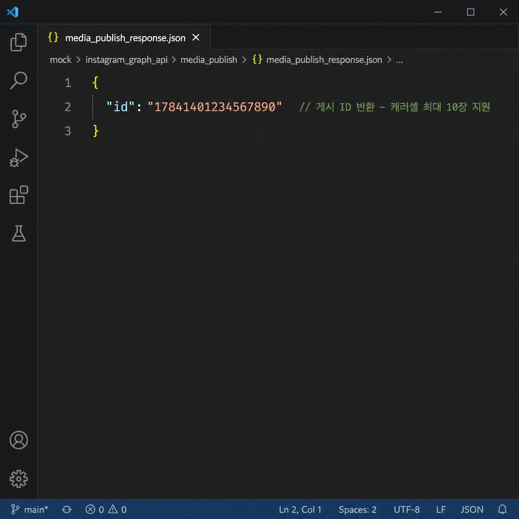 인스타그램 자동 게시 노코드 Meta Graph API media_publish 응답 JSON mock — 게시 ID 반환 한국어 주석 (AI 생성 이미지)